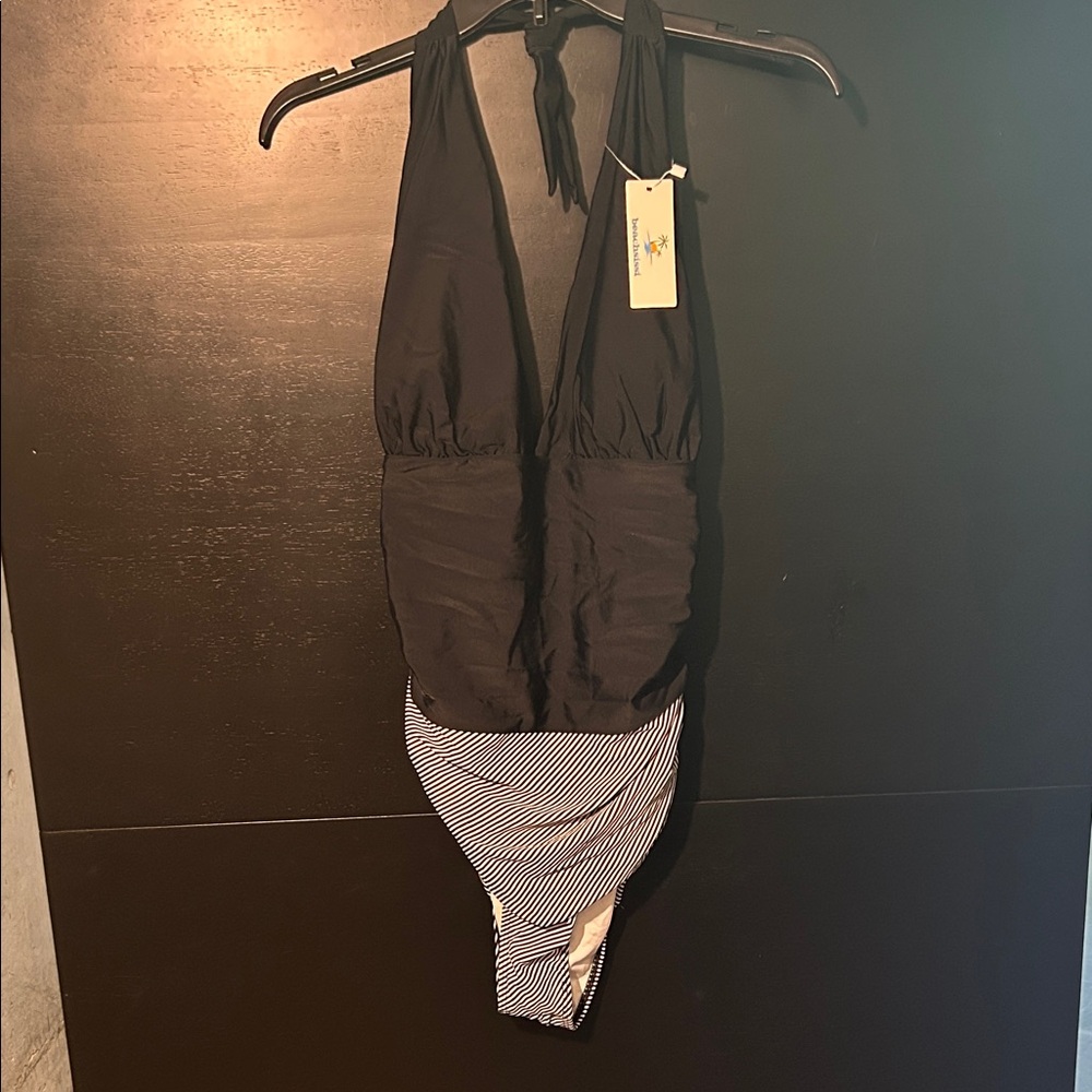 Black and White Striped Women Swim One Piece